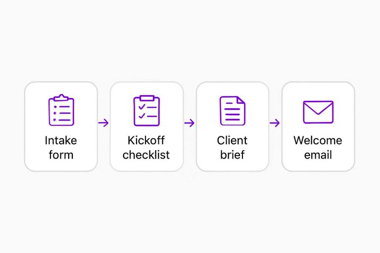 Four-step flow: Intake form, Kickoff checklist, Client brief, Welcome email connected by arrows