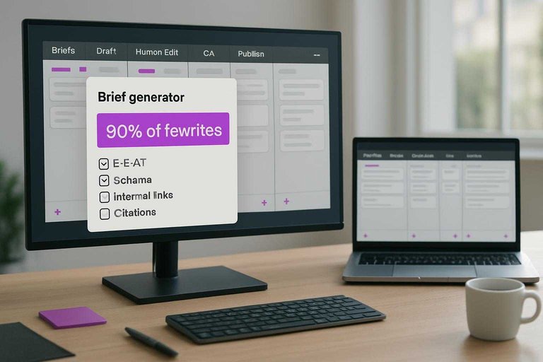 Monitor shows content pipeline board with #ad00cc banner reading "80% of rewrites" above brief generator checklist.
