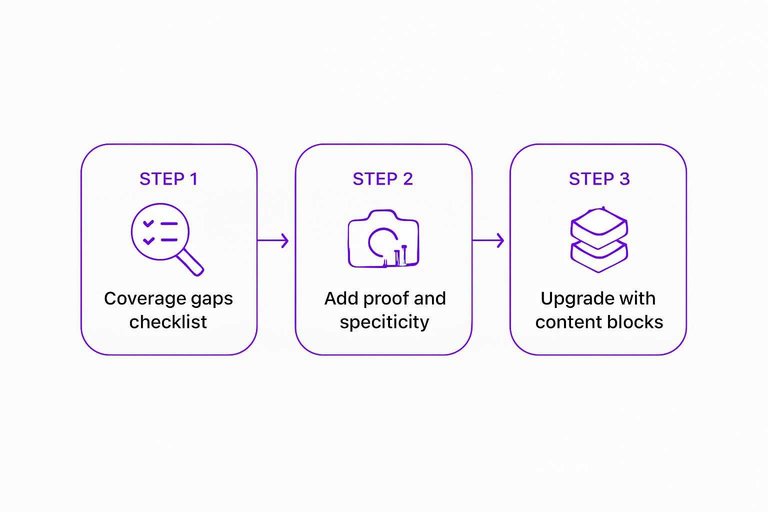 Three-step flow: Coverage gaps checklist → Add proof and specificity → Upgrade with content blocks