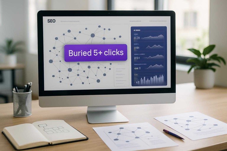 SEO workspace monitor shows internal link graph with #ad00cc banner text "Buried 5+ clicks" highlighting deep pages