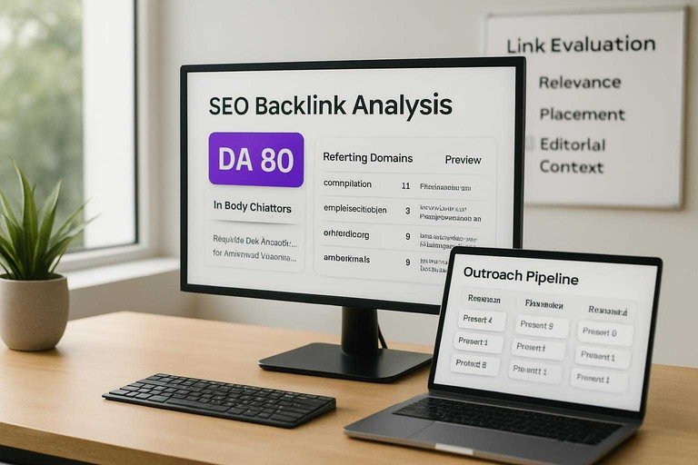 SEO workspace with backlink dashboard highlighting “DA 80” in purple, plus notes on relevance and editorial context