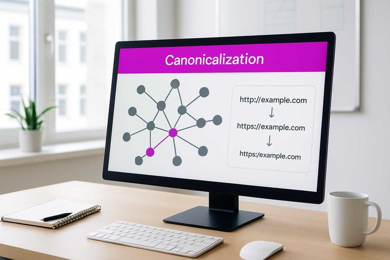 SEO workspace monitor shows link graph and duplicate URL merge panel with “Canonicalization” in #ad00cc banner