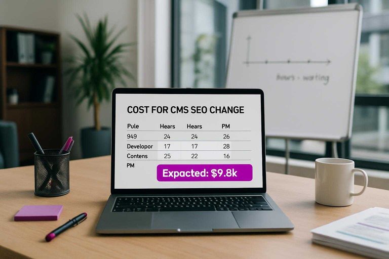 Desk with cost spreadsheet on laptop showing #ad00cc label “Expected: $9.8k” for CMS SEO time accounting