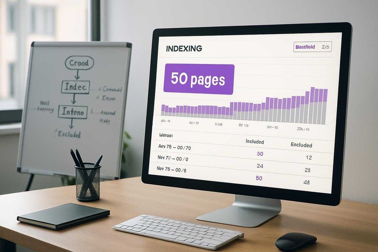 SEO workspace monitor shows indexing report with a #ad00cc banner reading "50 pages" and crawl status charts
