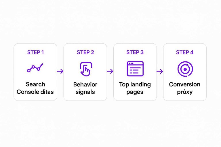 Four-step flow: Search Console deltas → Behavior signals → Top landing pages → Conversion proxy