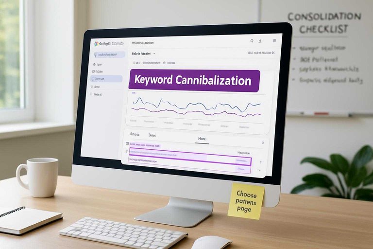 Monitor shows GSC Pages report with two URLs highlighted and a #ad00cc banner reading “Keyword Cannibalization”.