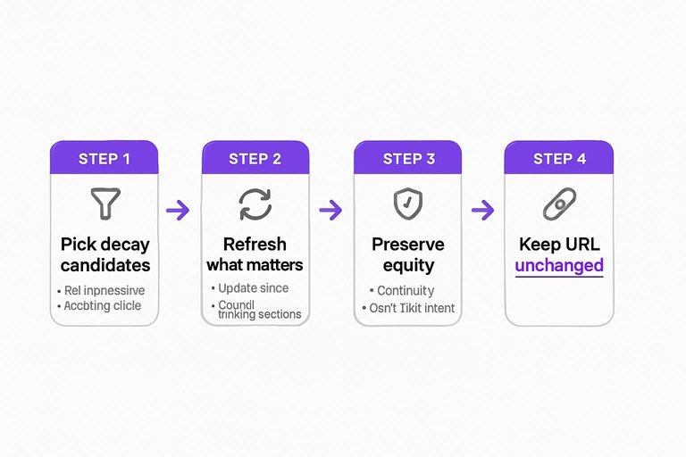Four-step flow: Pick decay candidates, Refresh what matters, Preserve equity, Keep URL unchanged