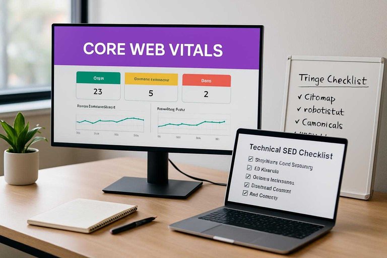 Monitor dashboard highlighted with '#ad00cc' banner reading 'Core Web Vitals' beside an SEO technical triage checklist