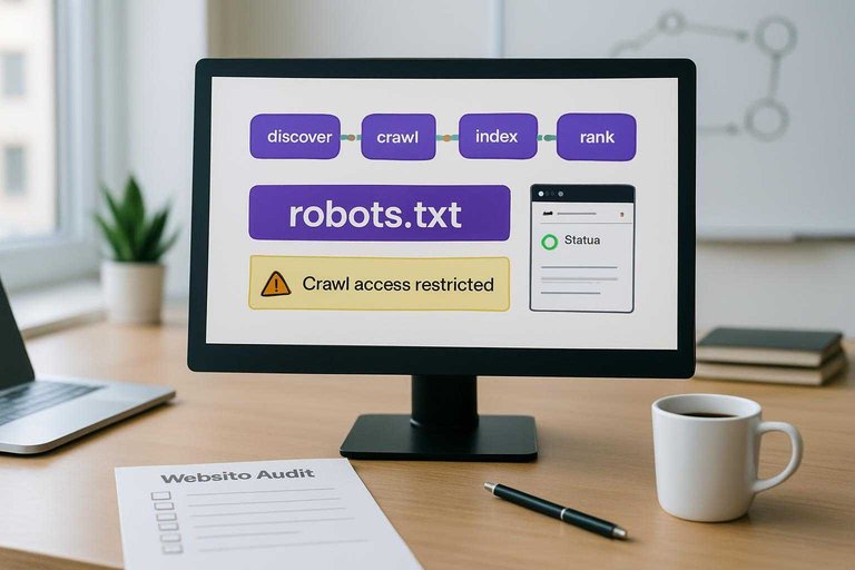 Monitor shows search workflow diagram with #ad00cc banner reading “robots.txt” as a crawl access blocker.