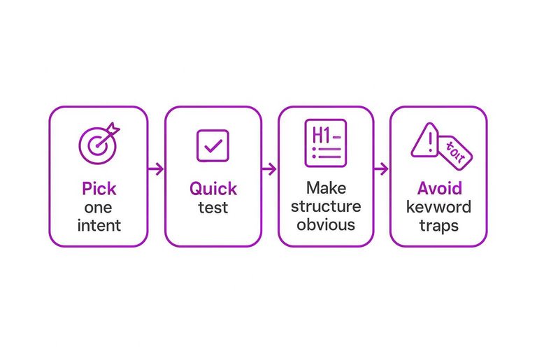 Four-step flow: Pick one intent → Quick test → Make structure obvious → Avoid keyword traps