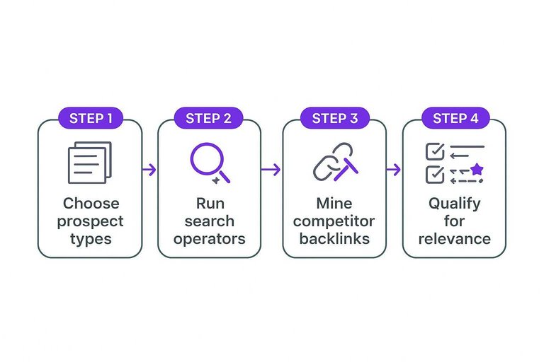 Four-step flow: Choose prospect types, Run search operators, Mine competitor backlinks, Qualify for relevance