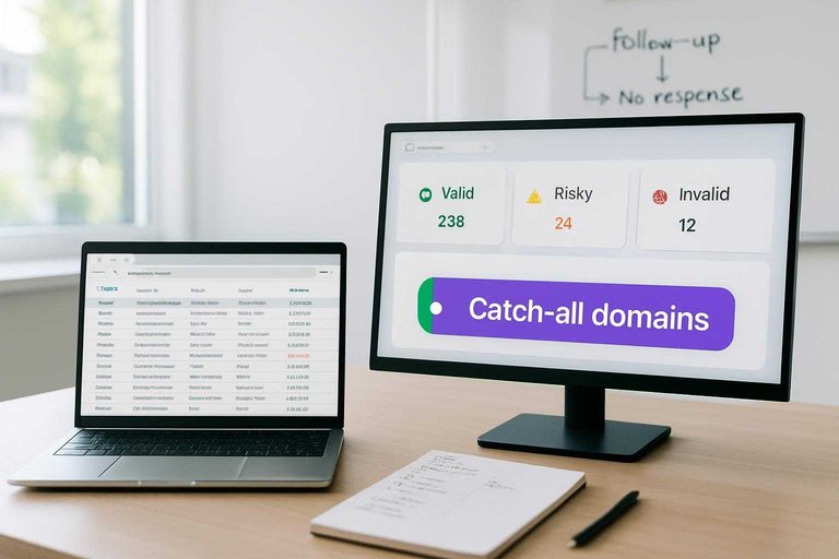 Desk with email verifier screen highlighting “catch-all domains” in purple beside a contact sheet for outreach follow-ups