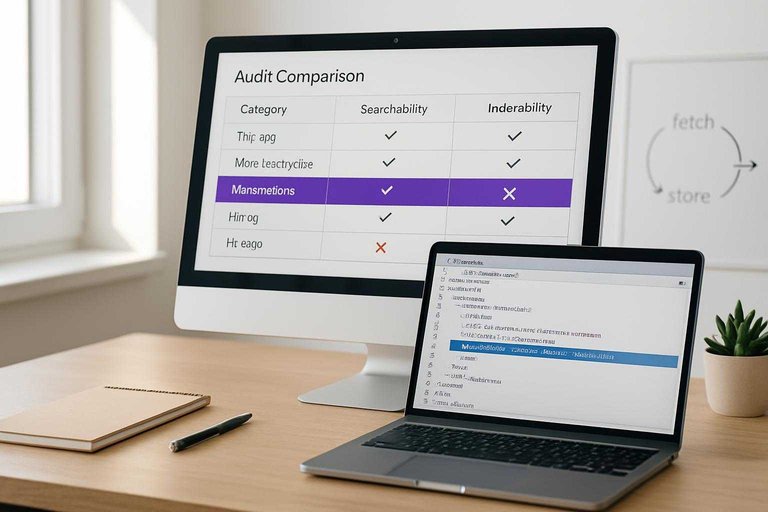 SEO audit desk scene with monitor highlighting “Meta robots” in a #ad00cc banner on a searchability vs indexability table