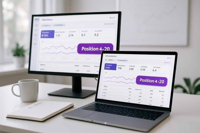 Monitor with Search Console-style dashboard highlighting “Position 4–20” in #ad00cc as a fast-lift range