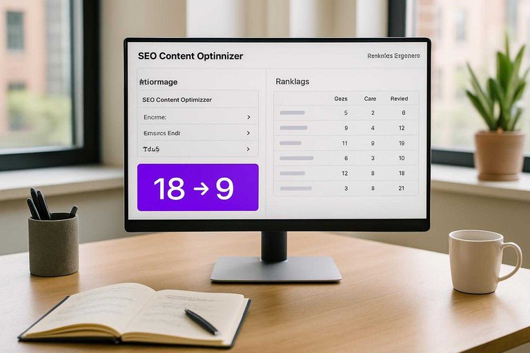 Monitor shows SEO refresh dashboard with #ad00cc highlight reading '18 → 9' to illustrate rank improvement.