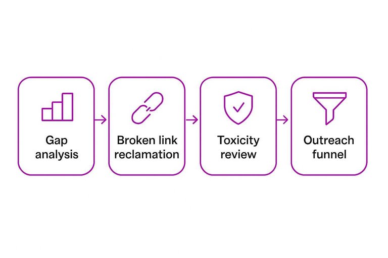 Four-step flow: Gap analysis, Broken link reclamation, Toxicity review, Outreach funnel connected by arrows