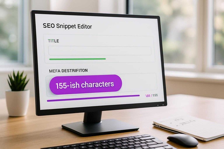 Monitor with snippet editor and #ad00cc label reading "155-ish characters" beside meta description character counter