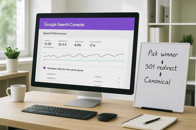 SEO desk with monitor labeled “Google Search Console” showing multiple URLs ranking for one query, highlighting cannibalization