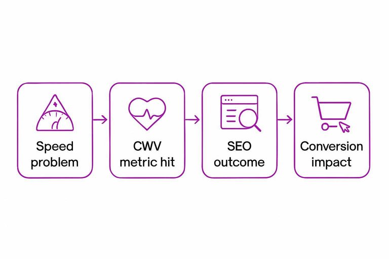 Four-step flow: Speed problem → CWV metric hit → SEO outcome → Conversion impact with connecting arrows