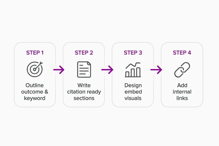 Four-step flow: Outline outcome & keyword, Write citation-ready sections, Design embed visuals, Add internal links