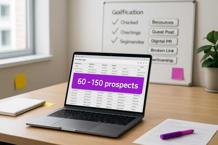 Desk workspace with prospecting spreadsheet on laptop showing “50–150 prospects” in a #ad00cc banner