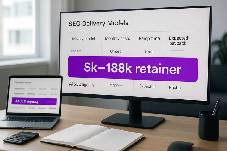 Monitor displays cost comparison table with a #ad00cc label reading “$6k–$18k retainer” for AI SEO agency