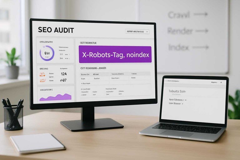 SEO audit desk with monitor highlighting "X-Robots-Tag: noindex" in #ad00cc beside crawl and indexing checks