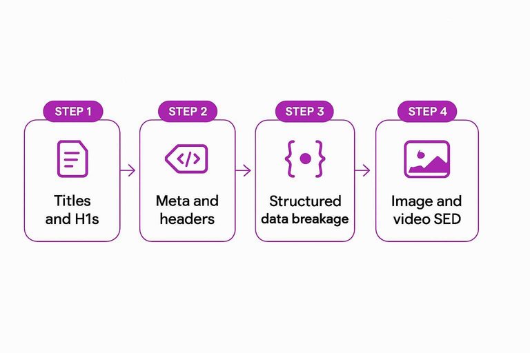 Four-step flow: Titles and H1s, Meta and headers, Structured data breakage, Image and video SEO