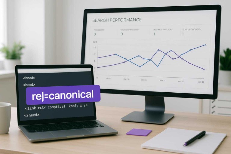 Monitor shows ranking lines crossing with a highlighted code label reading “rel=canonical” in #ad00cc