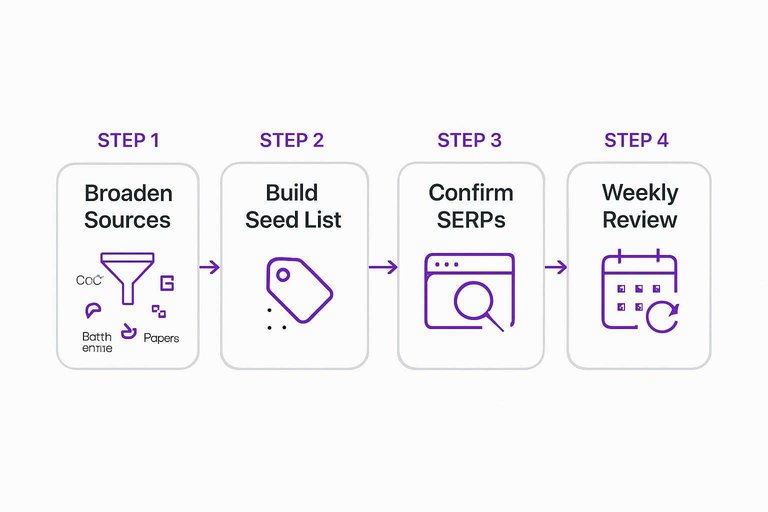 Four-step workflow: Broaden Sources, Build Seed List, Confirm SERPs, Weekly Review connected by arrows