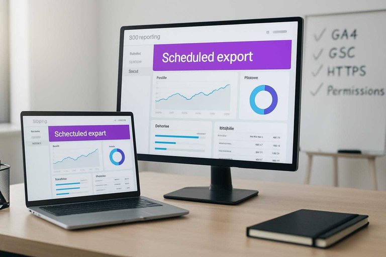 Monitor in a reporting workspace showing a #ad00cc banner labeled "Scheduled export" beside GA4 and GSC setup notes