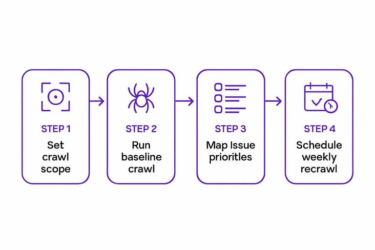 Four-step workflow: Set crawl scope, Run baseline crawl, Map issue priorities, Schedule weekly recrawl