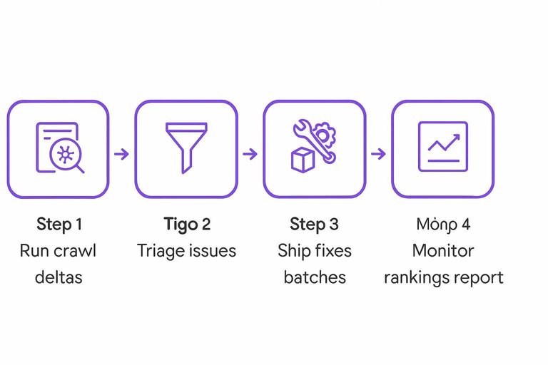 Four-step flow: Run crawl deltas → Triage issues → Ship fixes batches → Monitor rankings report