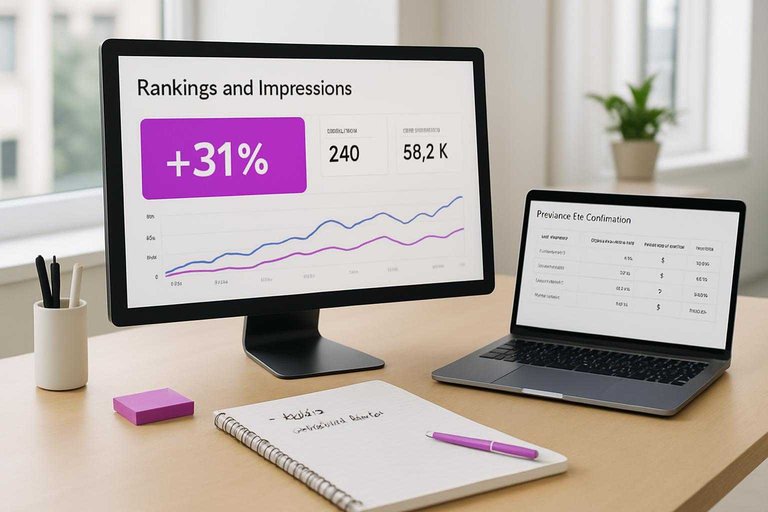 SEO workspace with analytics dashboard showing “+31%” in purple (#ad00cc) beside keyword comparison notes