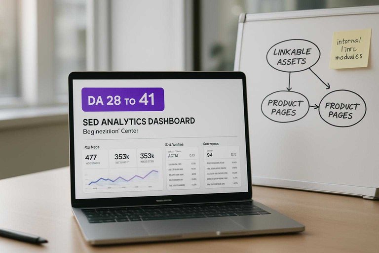 Laptop SEO dashboard in a modern office shows a #ad00cc banner reading “DA 28 to 41” alongside content clusters.