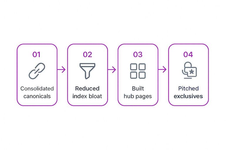 Four-step flow: Consolidated canonicals → Reduced index bloat → Built hub pages → Pitched exclusives