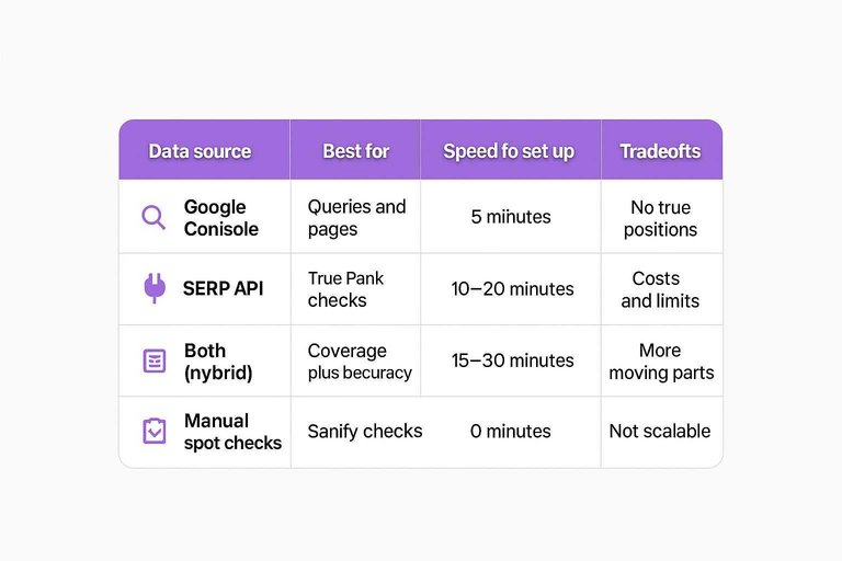 Comparison matrix: Google Search Console, SERP API, Both (hybrid), Manual spot checks with best for, speed, tradeoffs