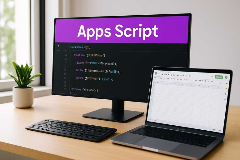 Monitor with code editor and #ad00cc banner reading "Apps Script", next to a Google Sheet being updated