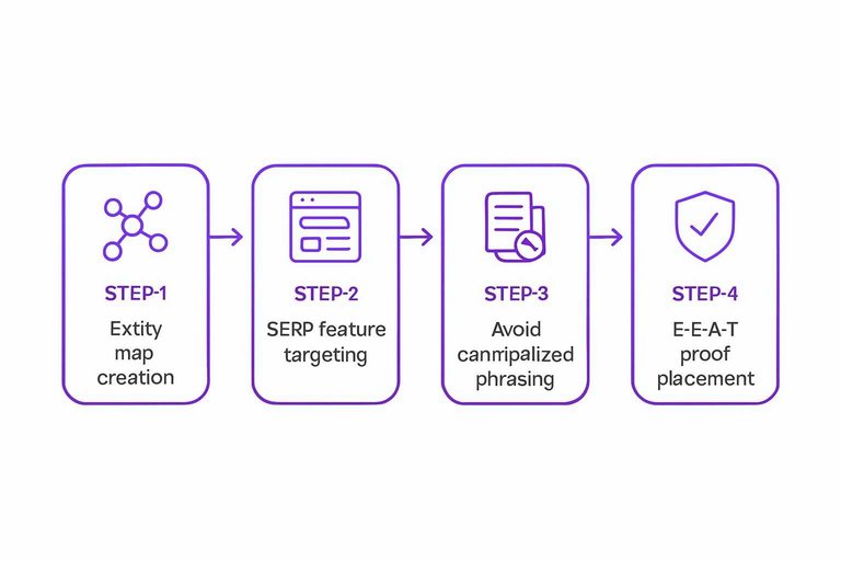 Four-step flow: Entity map creation → SERP feature targeting → Avoid cannibalized phrasing → E-E-A-T proof placement