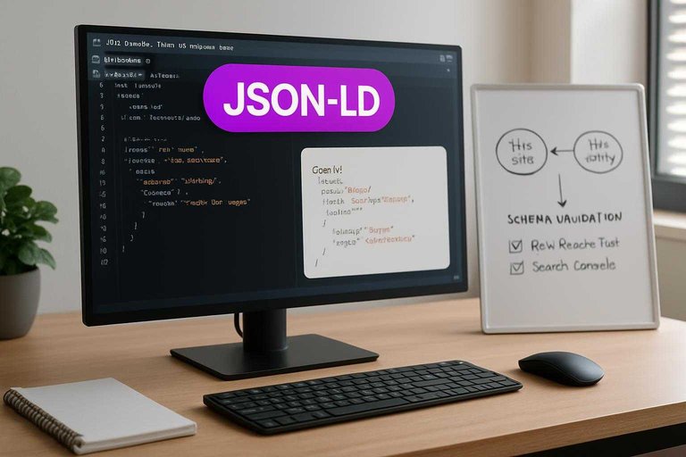 SEO workspace monitor highlighting 'JSON-LD' in #ad00cc beside a whiteboard sketch of entity schema validation