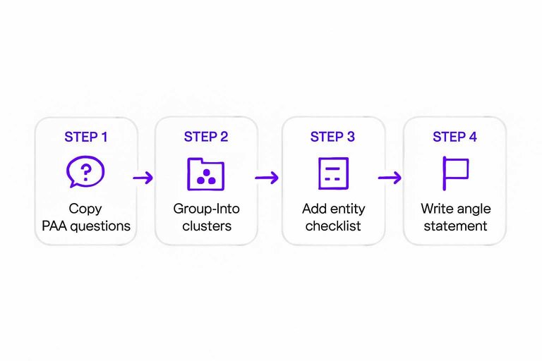 Four-step flow: Copy PAA questions, Group into clusters, Add entity checklist, Write angle statement