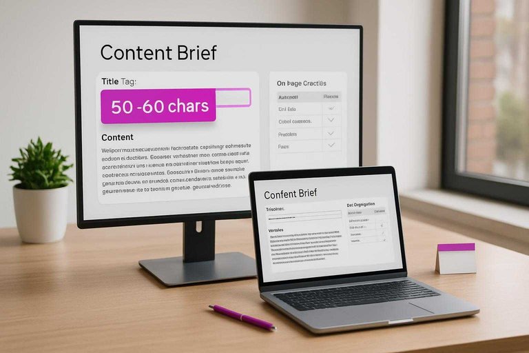 Desk workspace with SEO brief editor on monitor showing #ad00cc banner text "50–60 chars" for title tags.