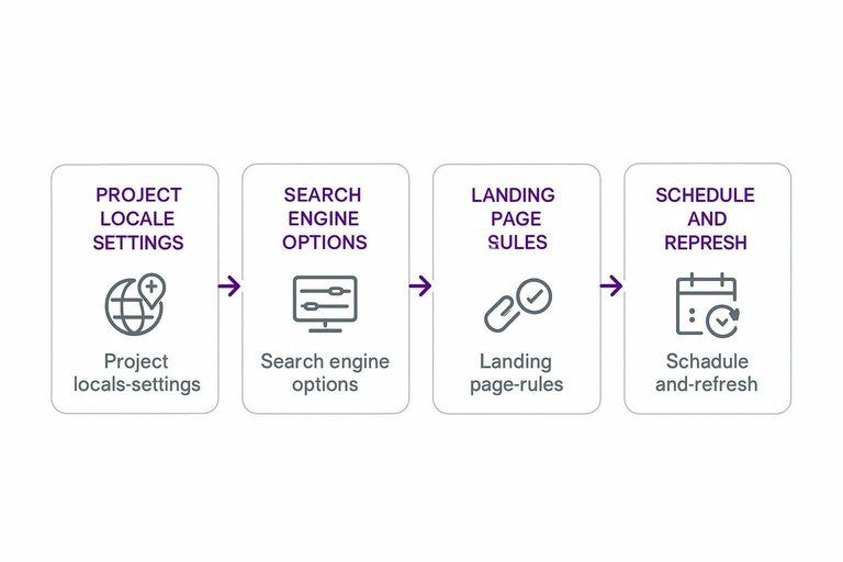 Four-step flow: Project locale settings → Search engine options → Landing page rules → Schedule and refresh