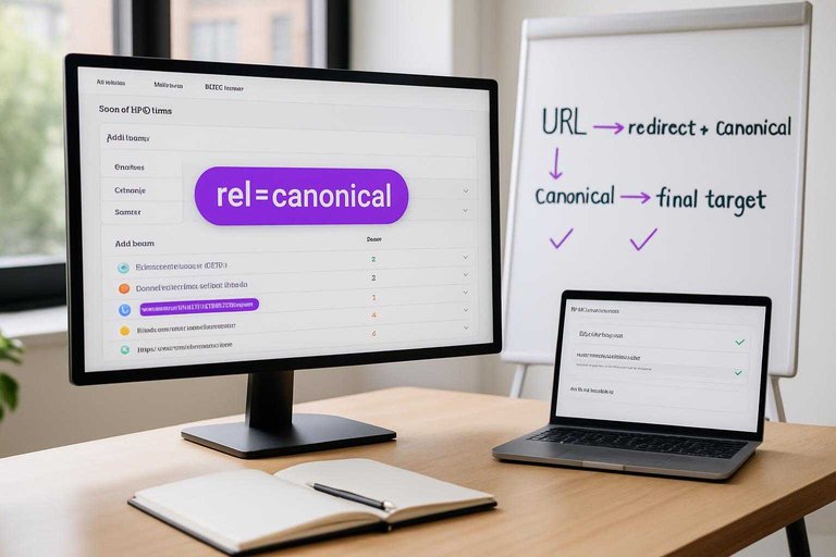 SEO workspace monitors show URL audit dashboard with #ad00cc label “rel=canonical” and canonical chain diagram