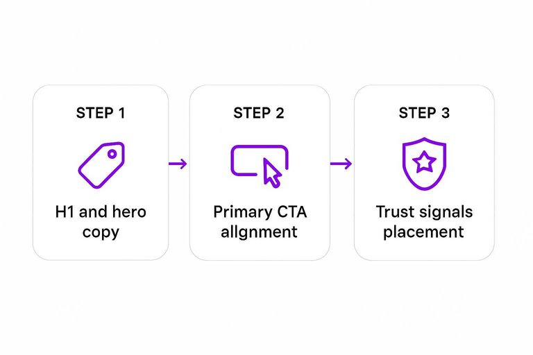 Three-step flow: H1 and hero copy → Primary CTA alignment → Trust signals placement with connecting arrows