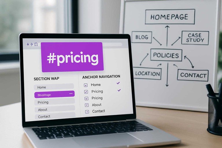 Laptop showing internal linking map with a #ad00cc label “#pricing” and a whiteboard linking to support pages.