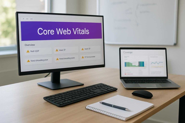 SEO workspace monitor highlights "Core Web Vitals" in #ad00cc beside Search Console-style coverage and CrUX panels