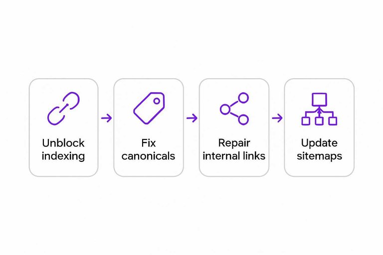 Four-step flow: Unblock indexing, Fix canonicals, Repair internal links, Update sitemaps connected by arrows