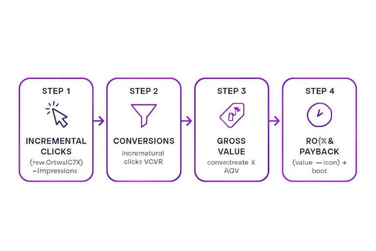 Four-step flow: Incremental clicks → Conversions → Gross value → ROI% & payback with connecting arrows