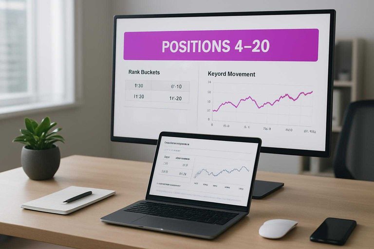 SEO dashboard on a monitor highlighting “positions 4–20” in #ad00cc to prioritize fastest rank movement work